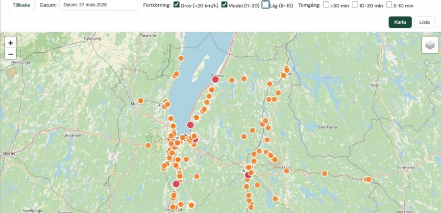 Veramaps karta som visar bussars kördata och hastighetsavvikelser